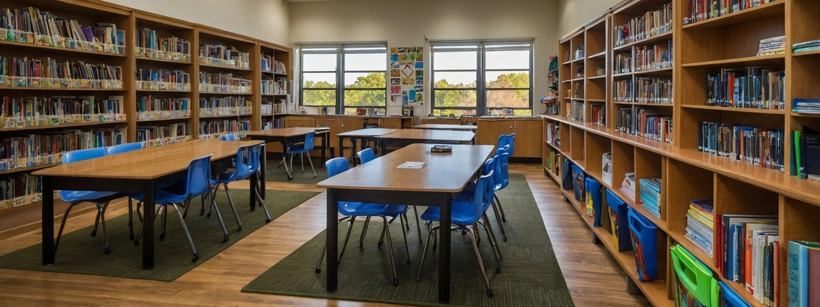 Inspiring reading environment: Classroom library with bookshelves, tables, and chairs for students to read and learn.