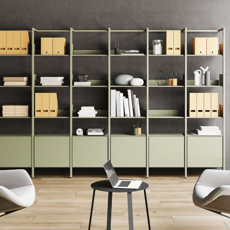 AUTO-DRAFT Mikai Bookshelf: Sage green frame, filled with files and books. Modern style, eye-level shot.