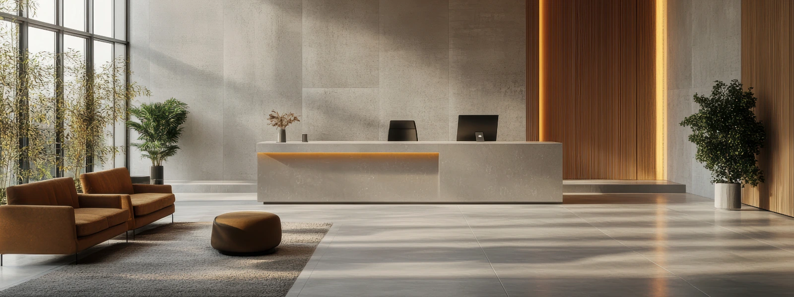 Professional office reception area with modern waiting room design, featuring a sleek desk, comfortable seating, and natural light.