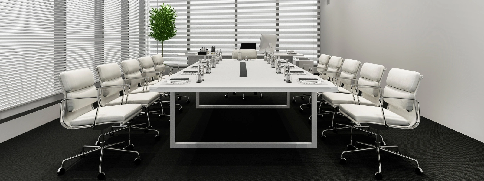 Executive Office Chair setup in a modern conference room with white chairs, table, and blinds, showing key benefits of design.