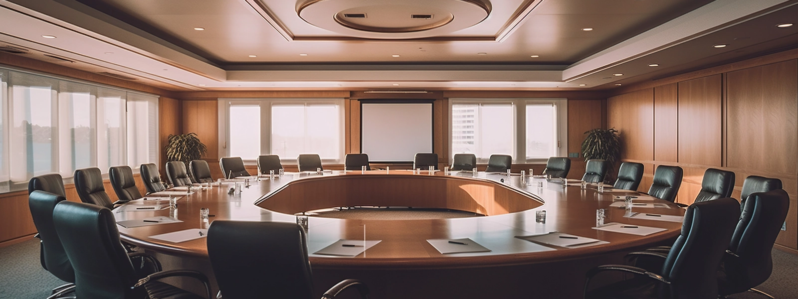 Conference room featuring a large, round conference table surrounded by black chairs, ideal for meetings.