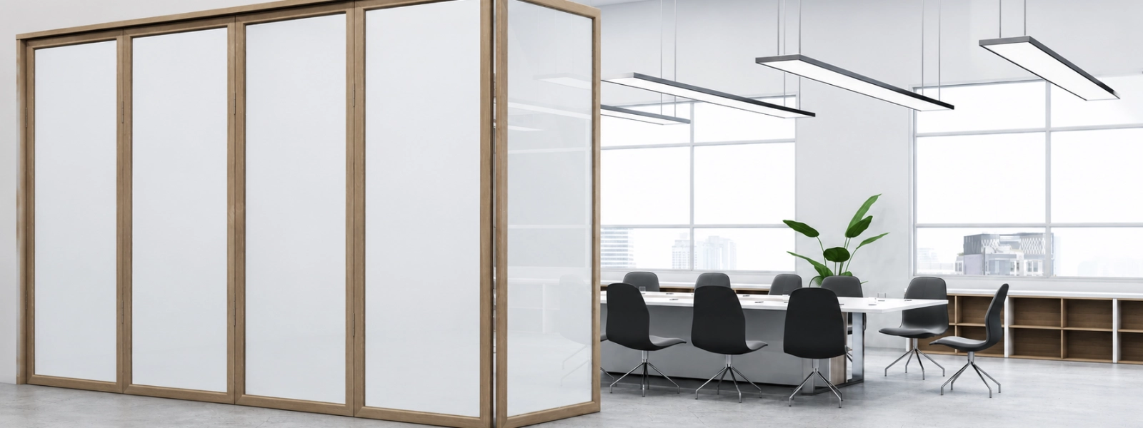 Movable walls partially open in a modern office, showcasing flexibility and efficient space use with a conference table visible.