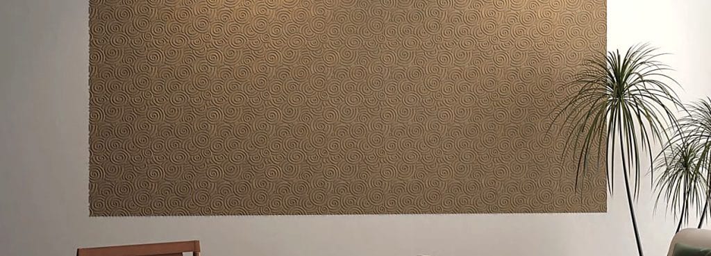 Auspice Cloud embossed felt acoustic wall panel with a repeating pattern of spiral swirls in a warm taupe color.