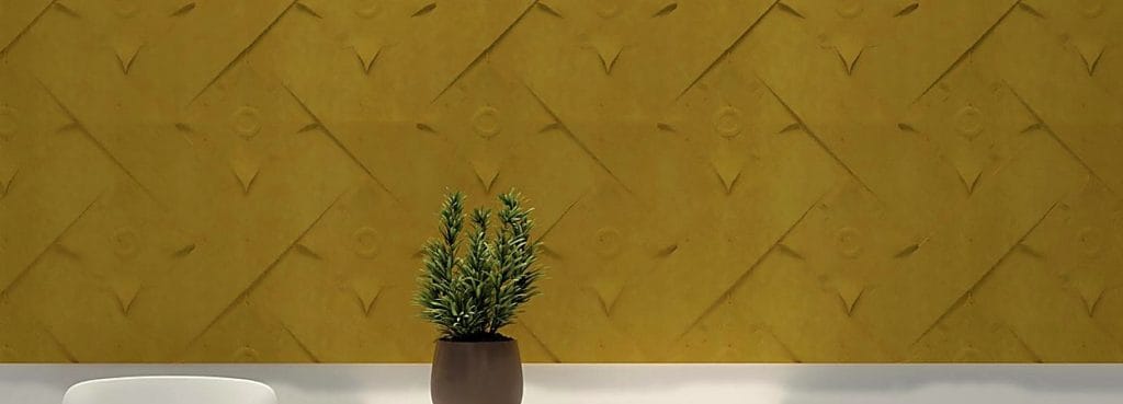 Mustard yellow Babylon Relief acoustic wall tile with a woven lattice pattern and central rosette design.
