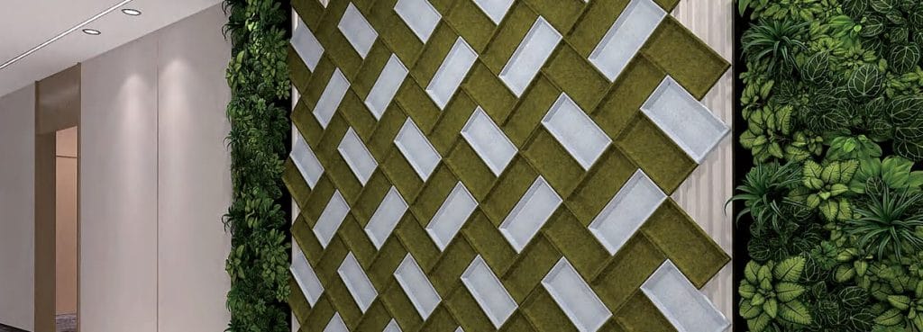 Brick Mosaic acoustic wall panel in olive green PET felt with white accents in a contemporary woven masonry pattern.
