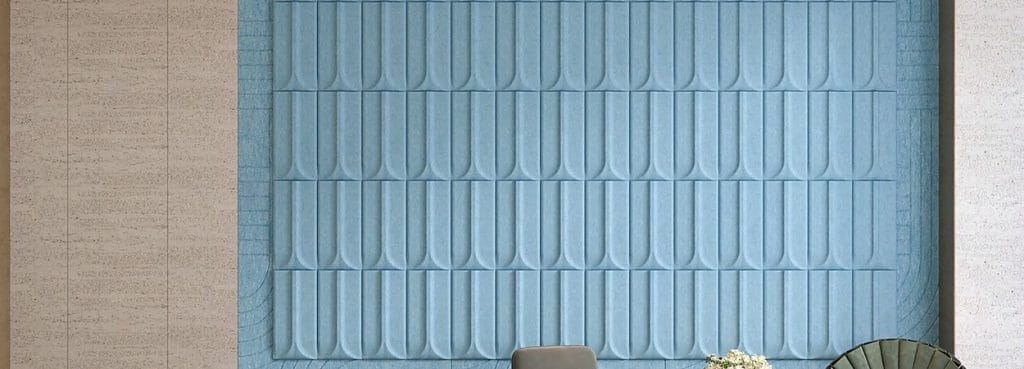 Chrono Trace light blue PET felt acoustic wall panel with soft flaring vertical arches and an Art Deco design.
