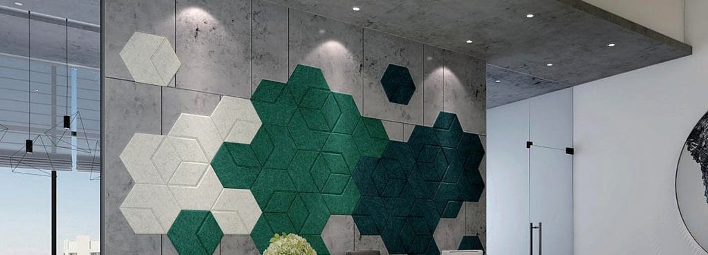 Diag Hex acoustic wall panels in white, light green, and dark green felt with a faceted 3D diagonal fold design.