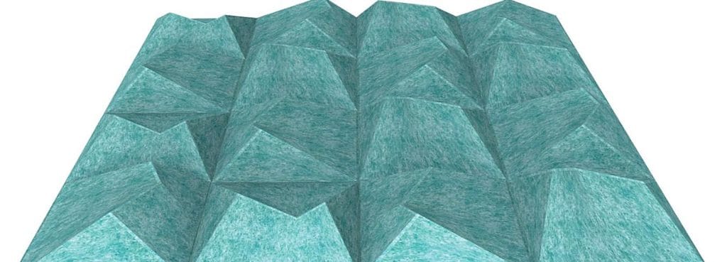 Duo Pyramid acoustic wall panel in teal PET felt with a faceted, sharp-angled geometric design.
