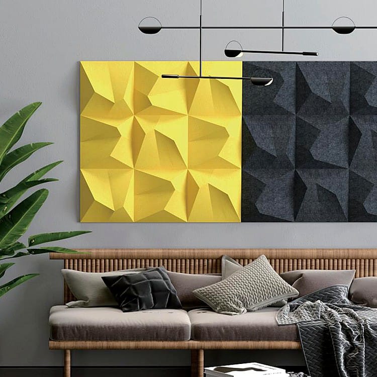 Modern Duo Pyramid wall cladding panels in contrasting bright yellow and charcoal grey felt with deep 3D relief.