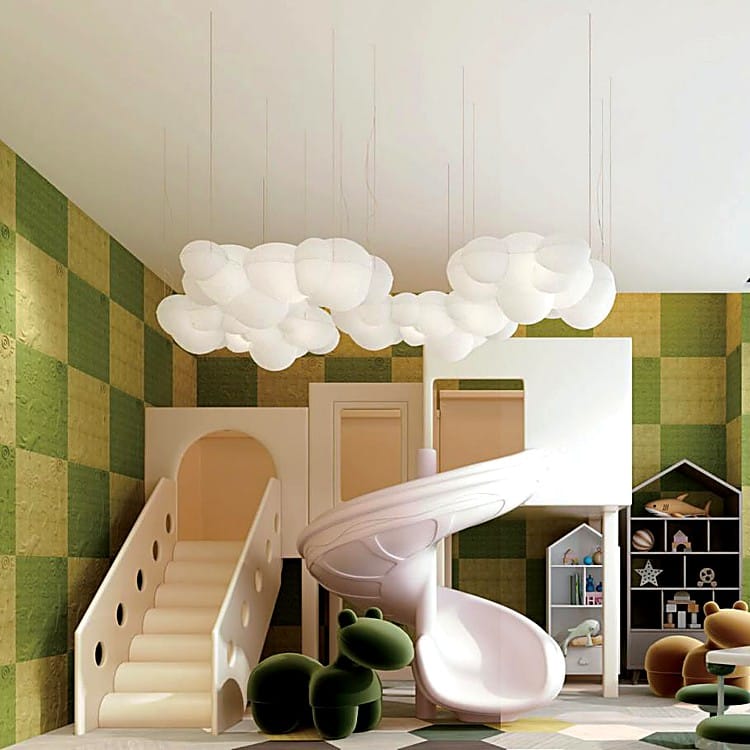 Fairy Tale embossed tile wall panels in a playful green and yellow checkered pattern inside a children play area.