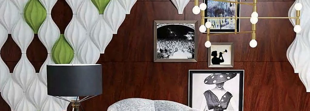 Feather Flow teardrop-shaped 3D acoustic panels with ribbed white and lime green lobes on a dark wood wall.