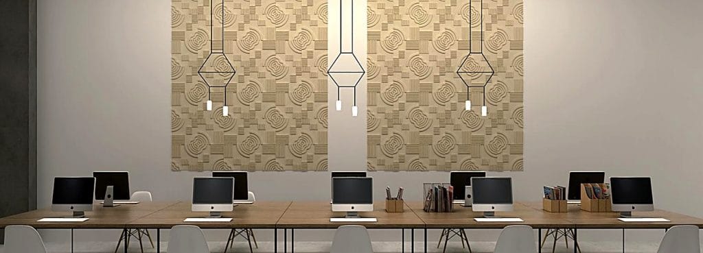Fortune Wheel Arc embossed PET felt acoustic tiles with concentric arc patterns installed on a modern office wall.