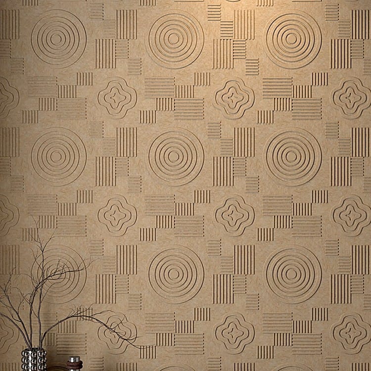 Close-up of beige Fortune Wheel Arc acoustic panel featuring tactile concentric circles and geometric line patterns.
