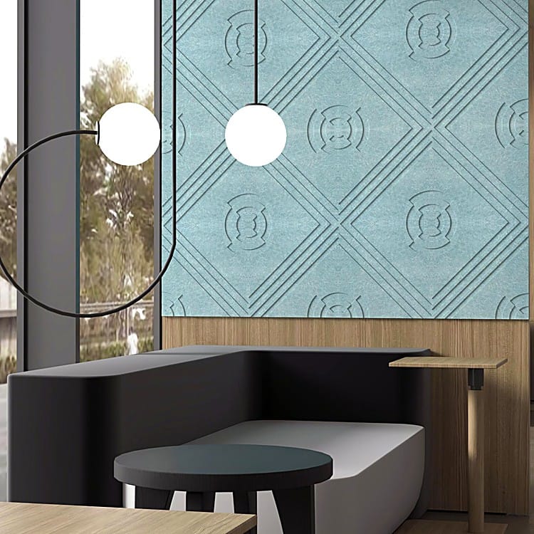 Light blue Fortune Wheel PET felt acoustic tile featuring embossed medallion circles in a modern interior setting.