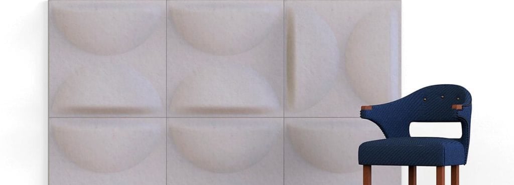 Harmony Duo light grey PET felt acoustic panels with recessed and raised half-circle geometric patterns.
