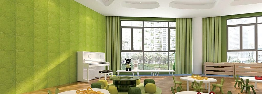 Lime green Heart Leaf acoustic wall tiles with embossed floral rosette patterns in a bright, modern room.
