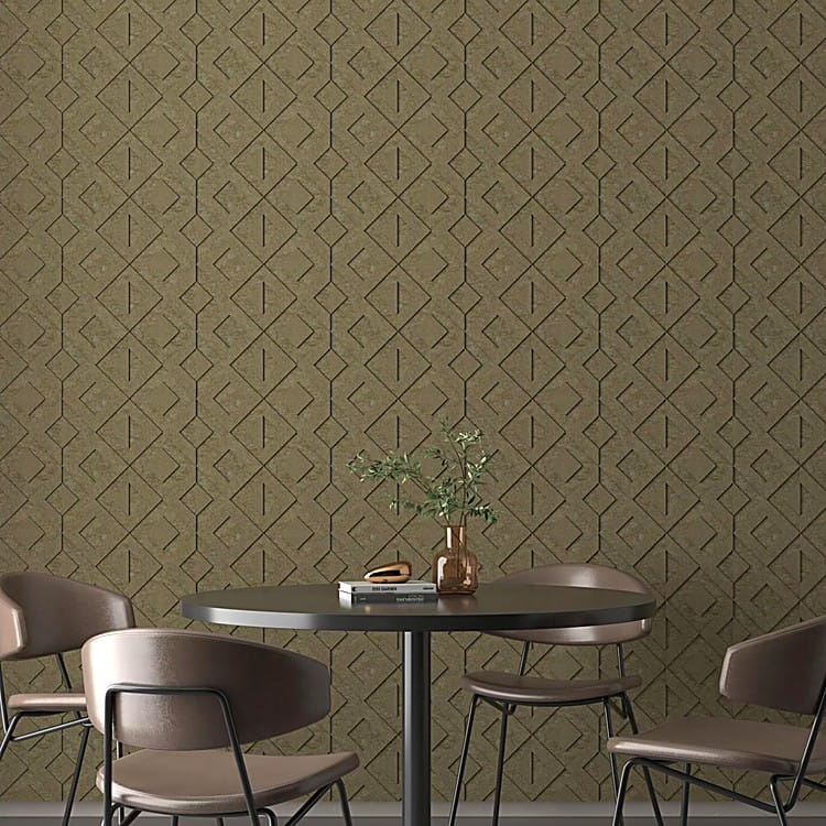 Olive green Love Script acoustic panels featuring a geometric art-deco embossed relief pattern on a wall.