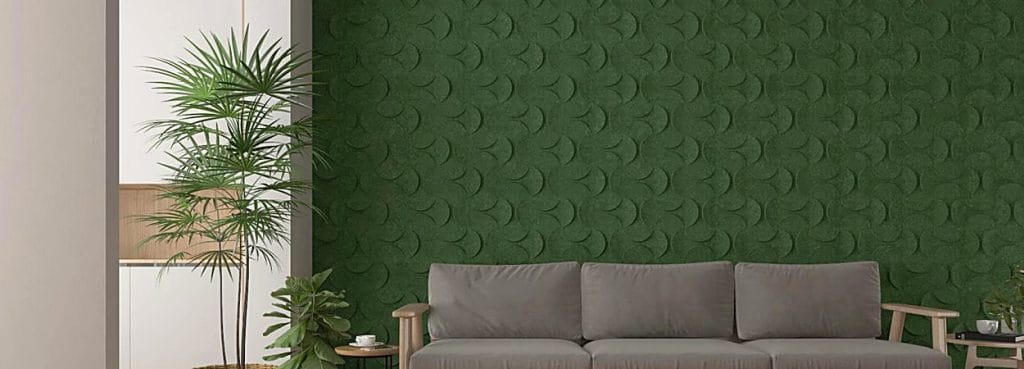 Lunar Crescent Small acoustic wall panel with an embossed pattern of overlapping circles in a deep forest green.