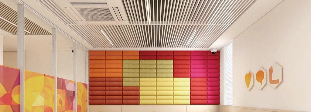Modu Rect acoustic wall panels in a colorful ribbed PET felt design for modern office interiors.