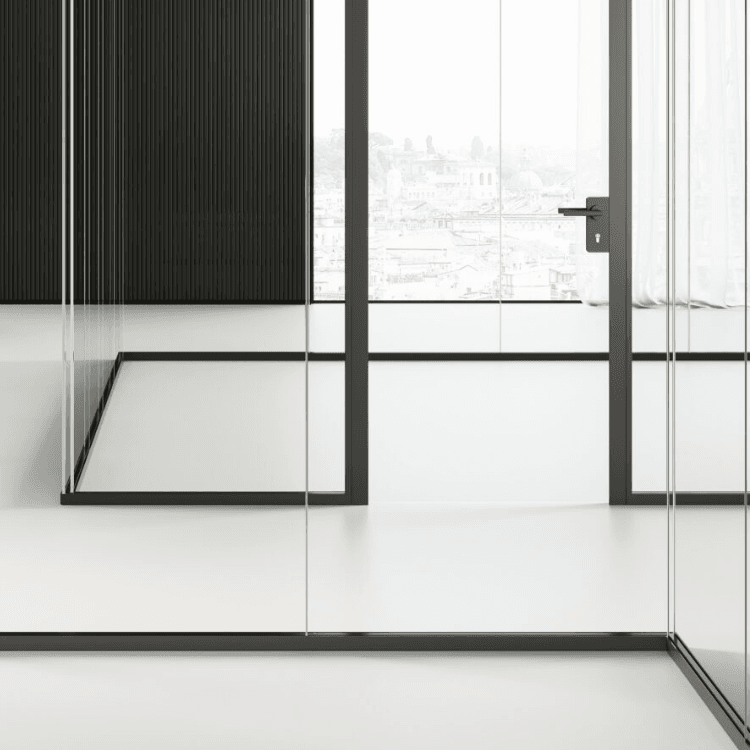 Mood M2 double-glazed glass partition with minimal black frames and modern interior design.