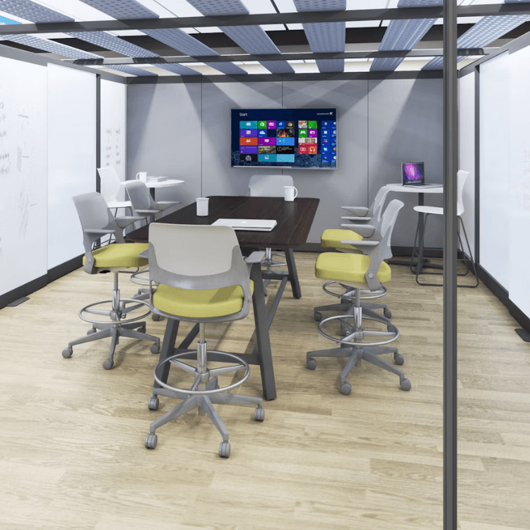 Contemporary Ollo Stool with light grey frame and yellow cushioned seat in a modern office meeting room setting.