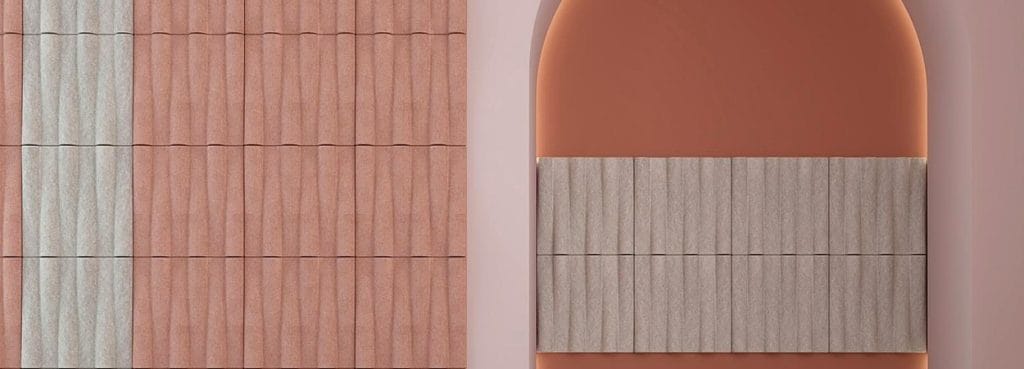 Precision Weave 3D acoustic panels with ribbed felt ridges in terracotta and beige tones on a modern interior wall.