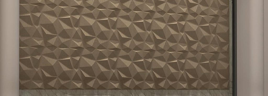 Ripple Scape acoustic panel with a geometric 3D faceted surface in a warm brown felt material.