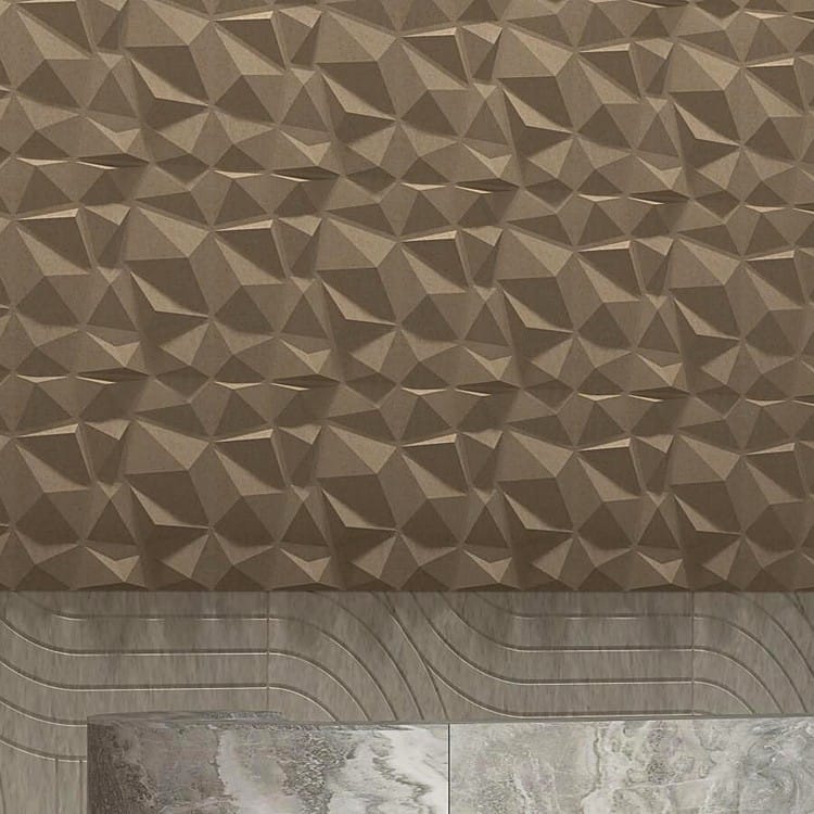 Ripple Scape wall panel featuring a multifaceted tan PET felt surface with sharp, crystalline triangular geometry.