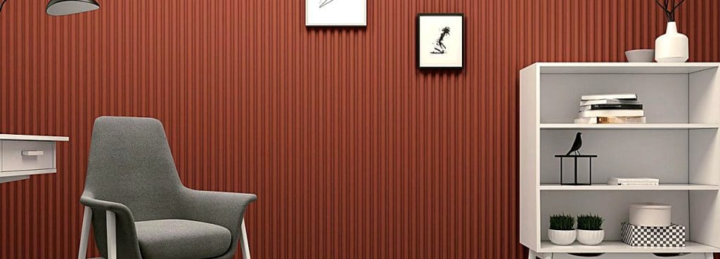 Ripples Acoustic Panel in terracotta red with a fluted texture installed on a modern office wall.