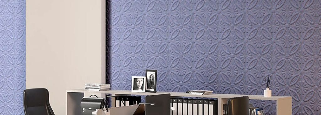 Royal Garden PET felt acoustic wall tile featuring an ornate floral medallion and interlocking ring pattern in purple.