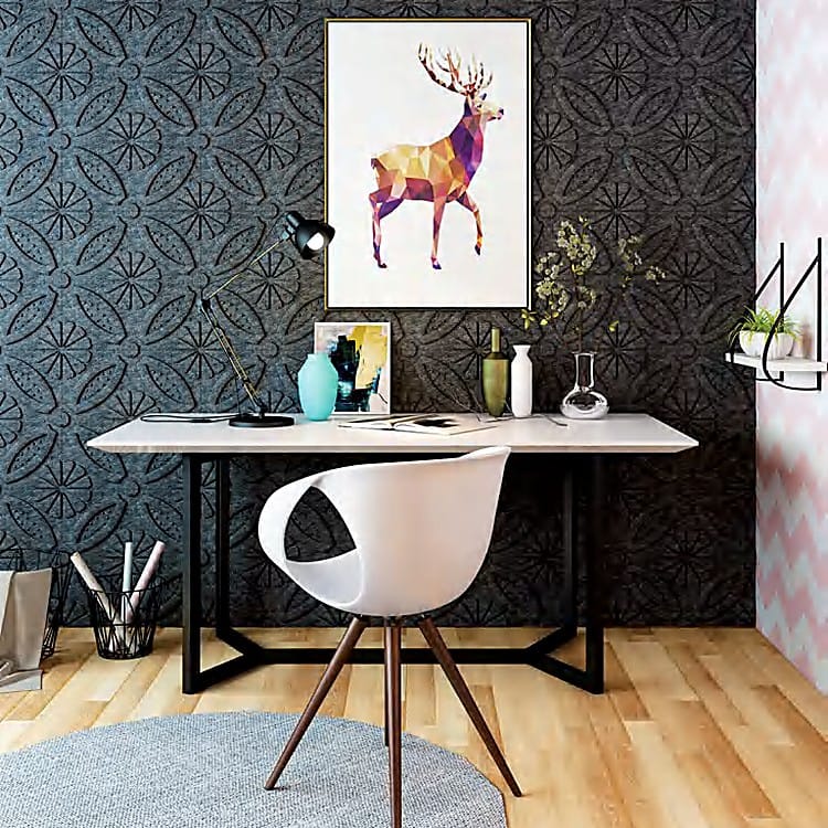 Royal Garden dark charcoal acoustic tiles with a geometric floral relief pattern installed in a modern office space.