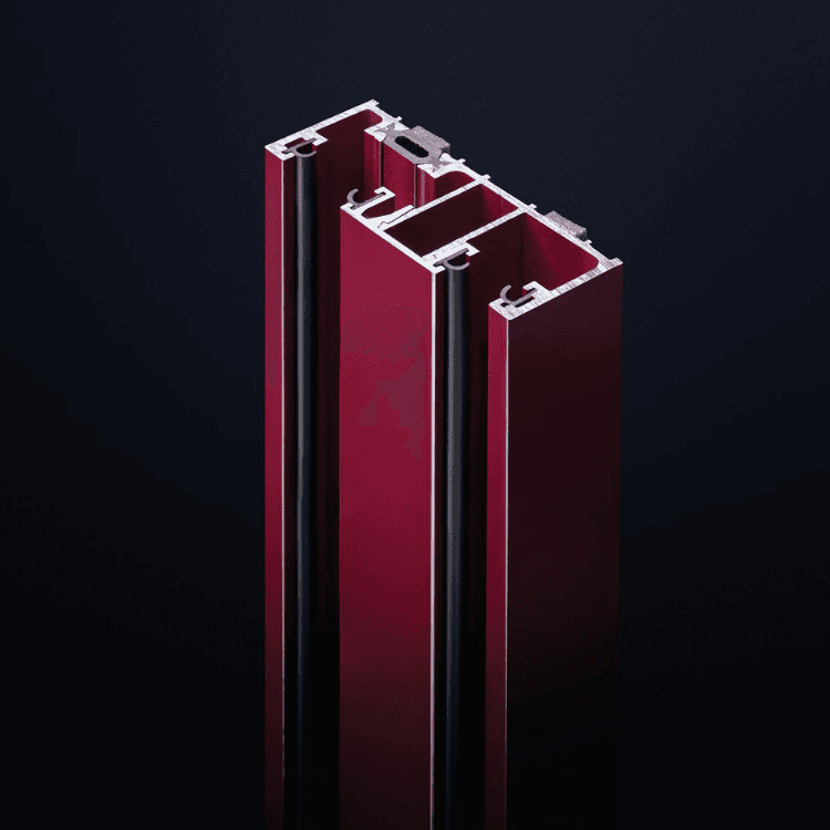Close-up of the Silence Fire-Resistant System partition profile showing its sleek red metallic structure.