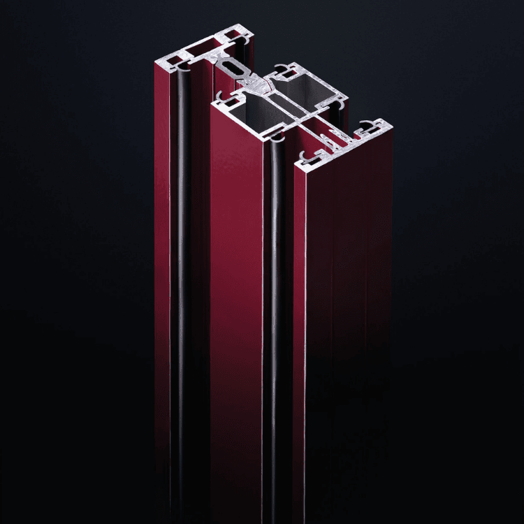 Close-up of the Silence Loft Fire-Resistant System red aluminum frame profile against a dark background.
