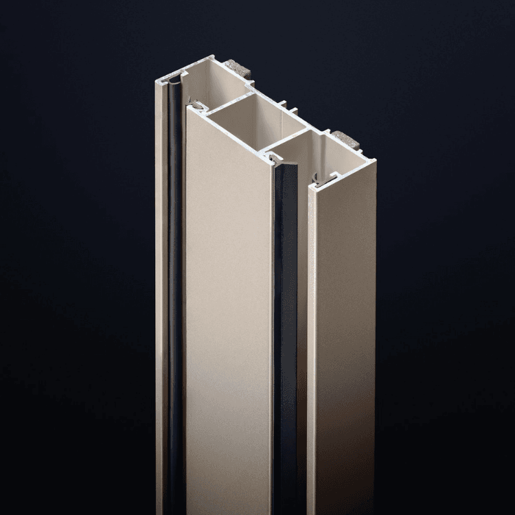 Close-up of Silence System acoustic partition profile in beige metal with integrated black gaskets on black background.