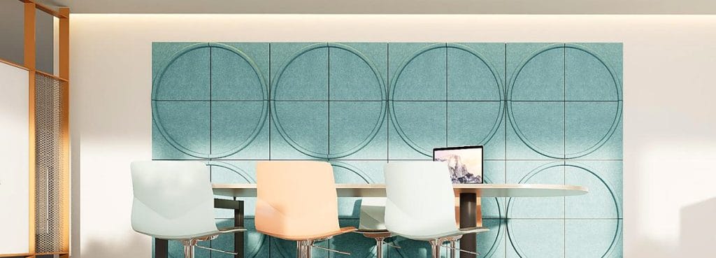Solo Arc acoustic felt panels in teal featuring quarter-circle arc designs tiled into circular wave patterns.