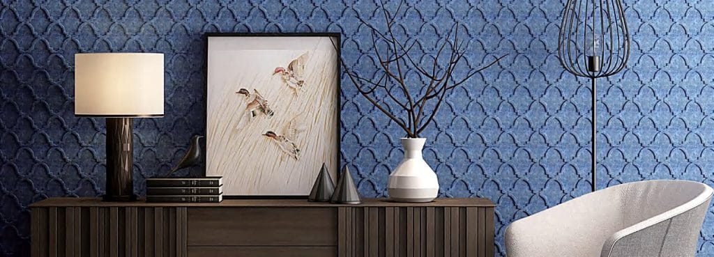 Starshield acoustic wall tile featuring an elegant blue PET felt Moorish ogee lattice pattern in a modern room interior.