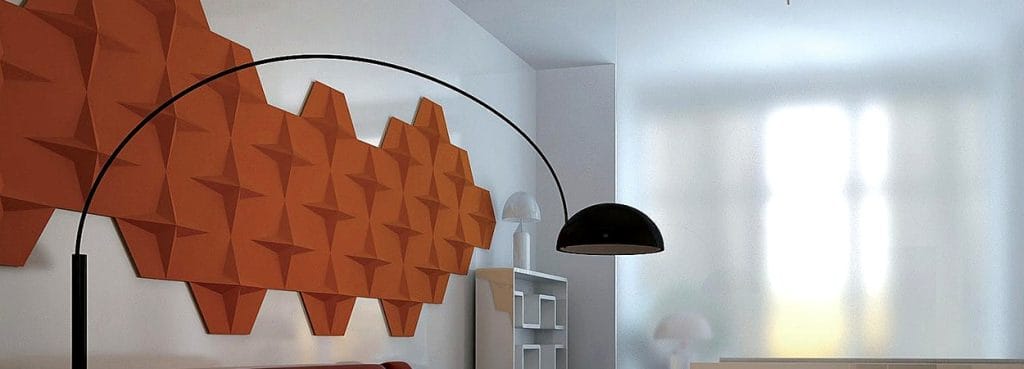 Stellar Glow rust-colored hexagonal acoustic felt panels with 3D star patterns mounted on a white interior wall.