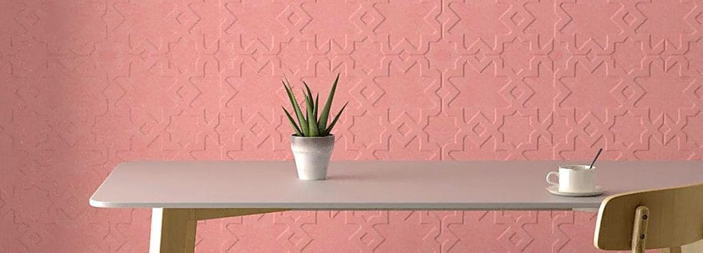 Stellar Map acoustic wall tiles in pink featuring an elegant eight-point star geometric embossed pattern.