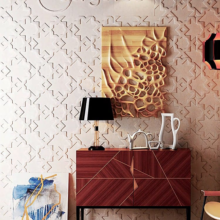Stellar Map acoustic wall tiles featuring a soft neutral palette and a repeating star-shaped embossed geometry.