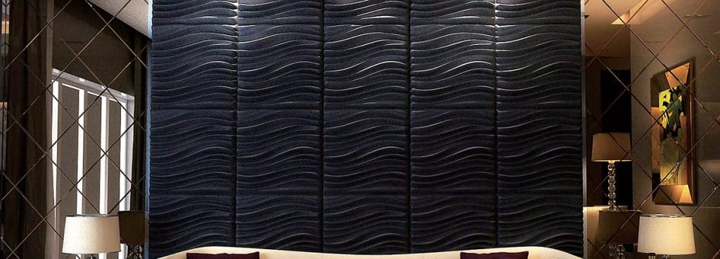 Storm Wave 3D acoustic felt wall panels featuring deep, energetic horizontal waves in a dark, textured finish.