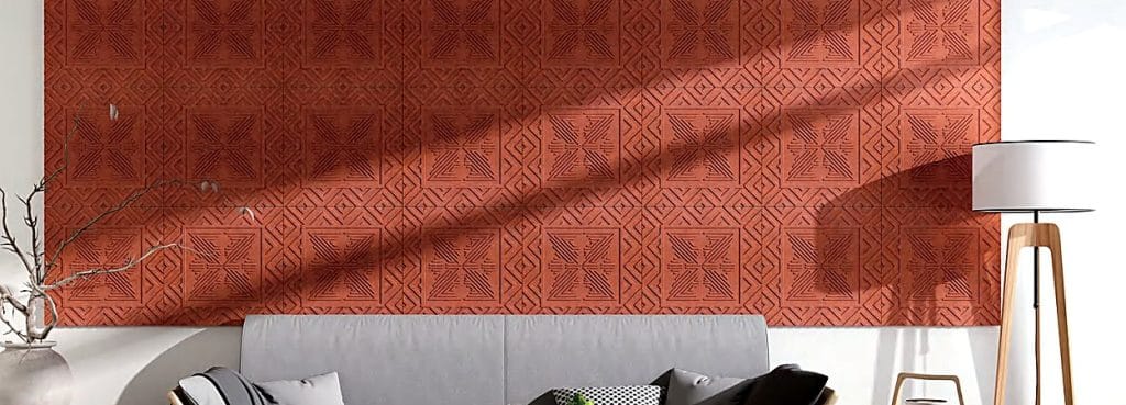 Tang Dynasty embossed acoustic wall tiles featuring a symmetrical terracotta mandala pattern and diamond borders.