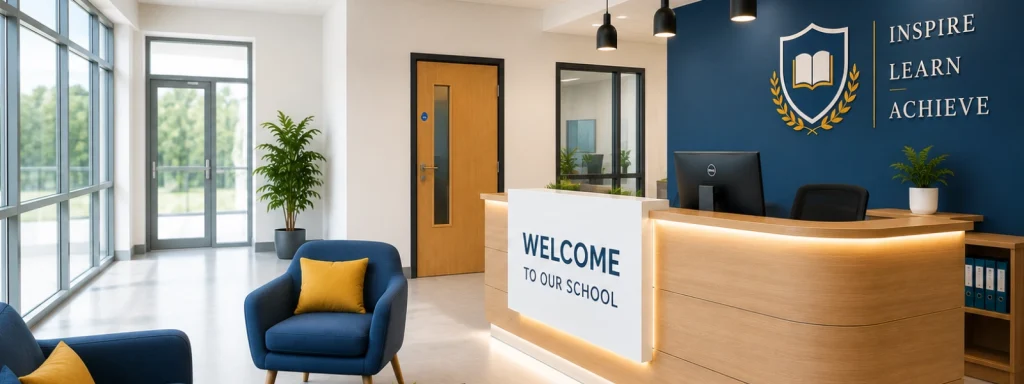 Modern school reception area with wooden desk, blue accent wall, and comfortable lobby furniture for an educational facility.