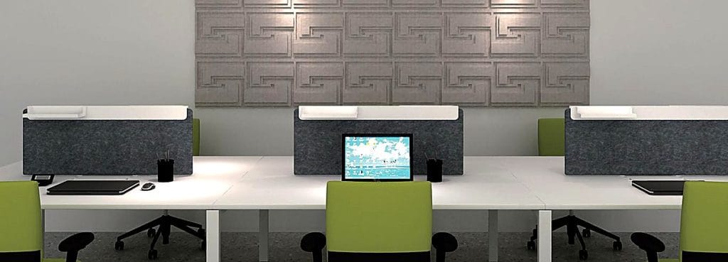 Town Tales embossed PET felt acoustic wall tile featuring geometric spiral patterns in a modern office workspace.
