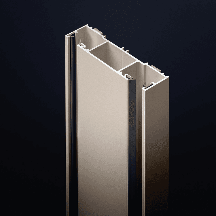 Ultra Silence System partition profile in champagne finish with integrated black acoustic gaskets against black background