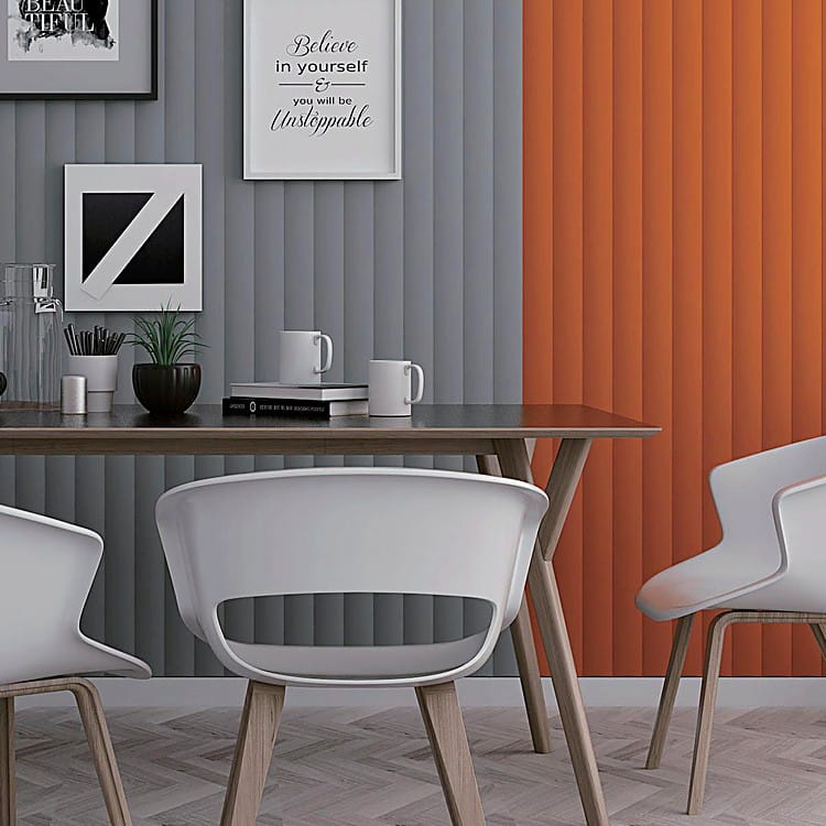 Valen Wave 75mm Acoustic Panel featuring vertical fluted grey and orange PET felt textures behind a dining table.