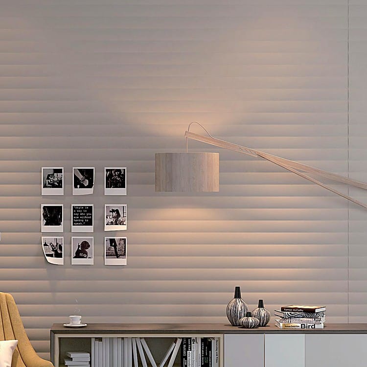 Valen Wave Horizontal Acoustic Panel wall cladding with rhythmic PET felt waves, gallery photos, and wooden lamp.