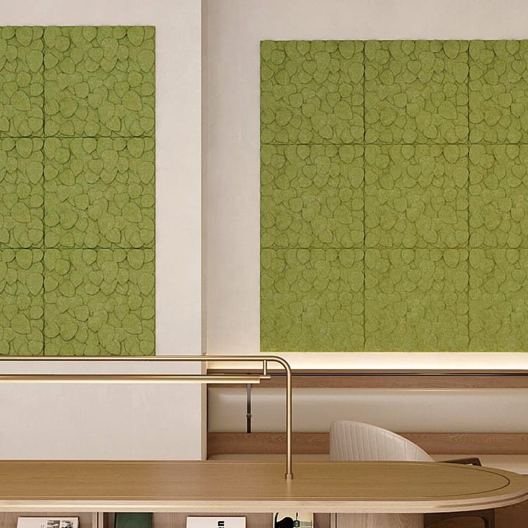Verdant Shade acoustic wall installation with a 3D relief of layered foliage shapes in matte olive felt.