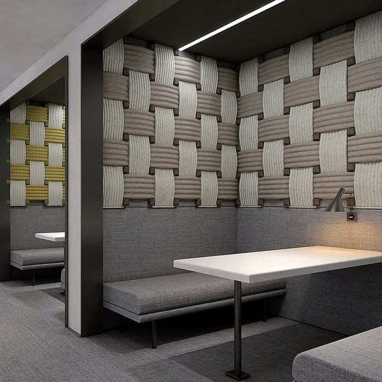 Textured Weave acoustic wall panels in soft cream and taupe tones installed within modern booth seating areas.