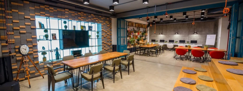 Modern school furniture featuring wooden tables and ergonomic chairs in a contemporary learning space with tiered seating.