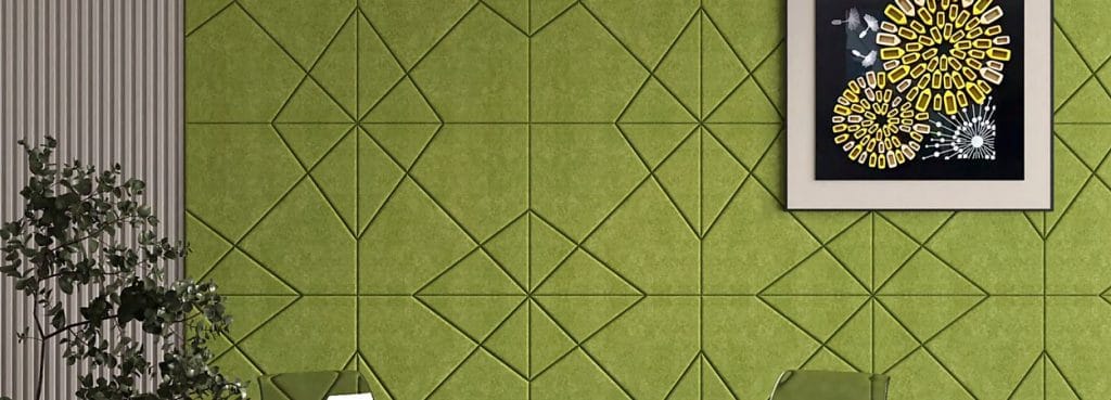X Form 3D acoustic felt wall panels in olive green with a geometric diamond lattice design for modern interiors.